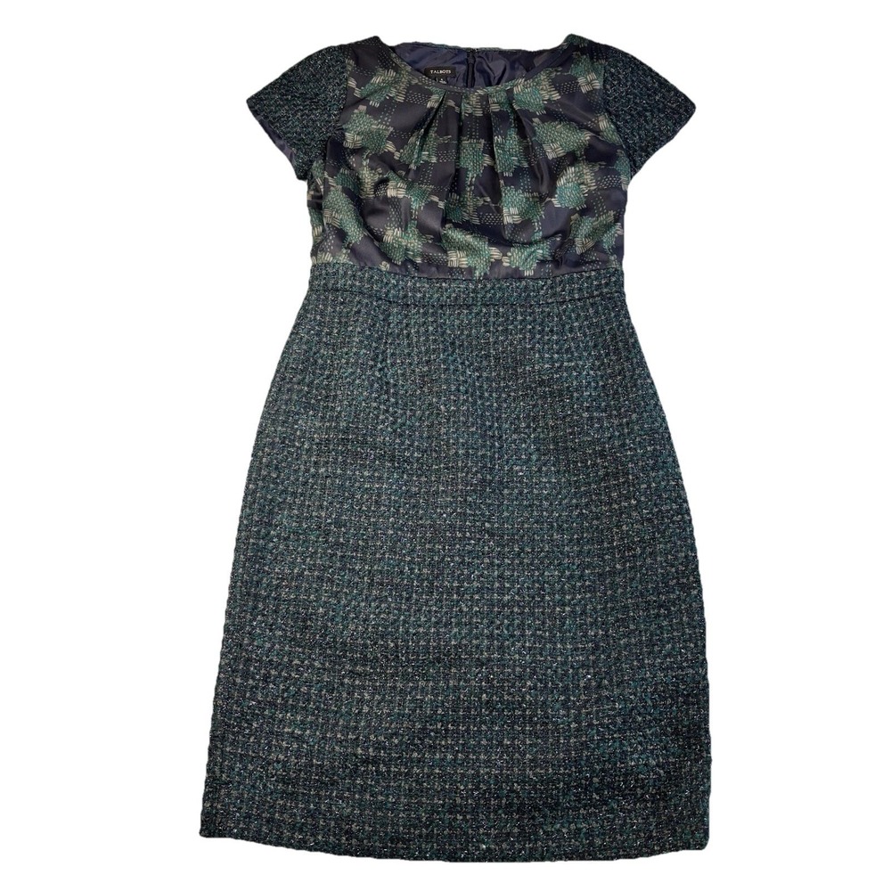Talbots Dress Green Blue Tweed Sheath Career Party Cocktail Women's Size 4